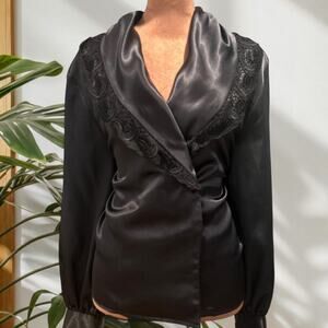 Stunning 80s vintage black satin and lace blouse